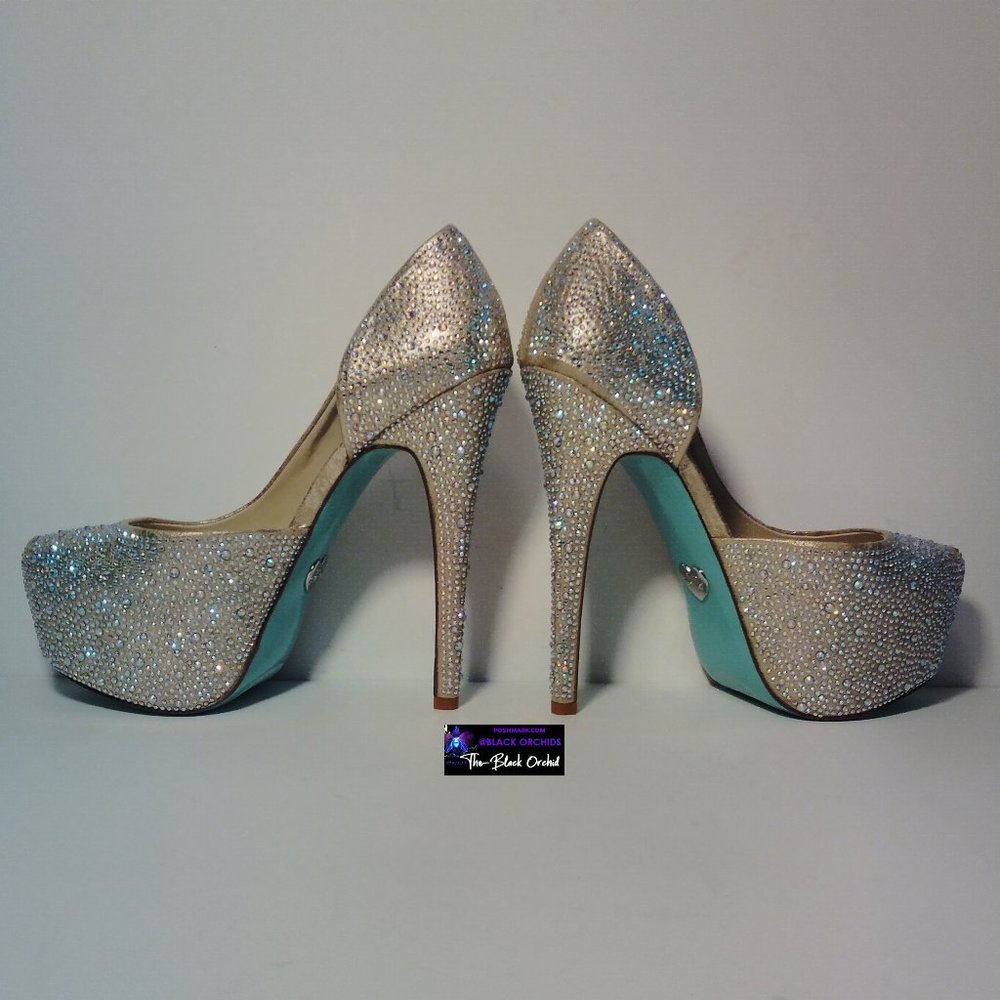BETSEY JOHNSON 7 STAR SPARKLY RHINESTONE PLATFORM HEELS blue collection - Picture 12 of 16